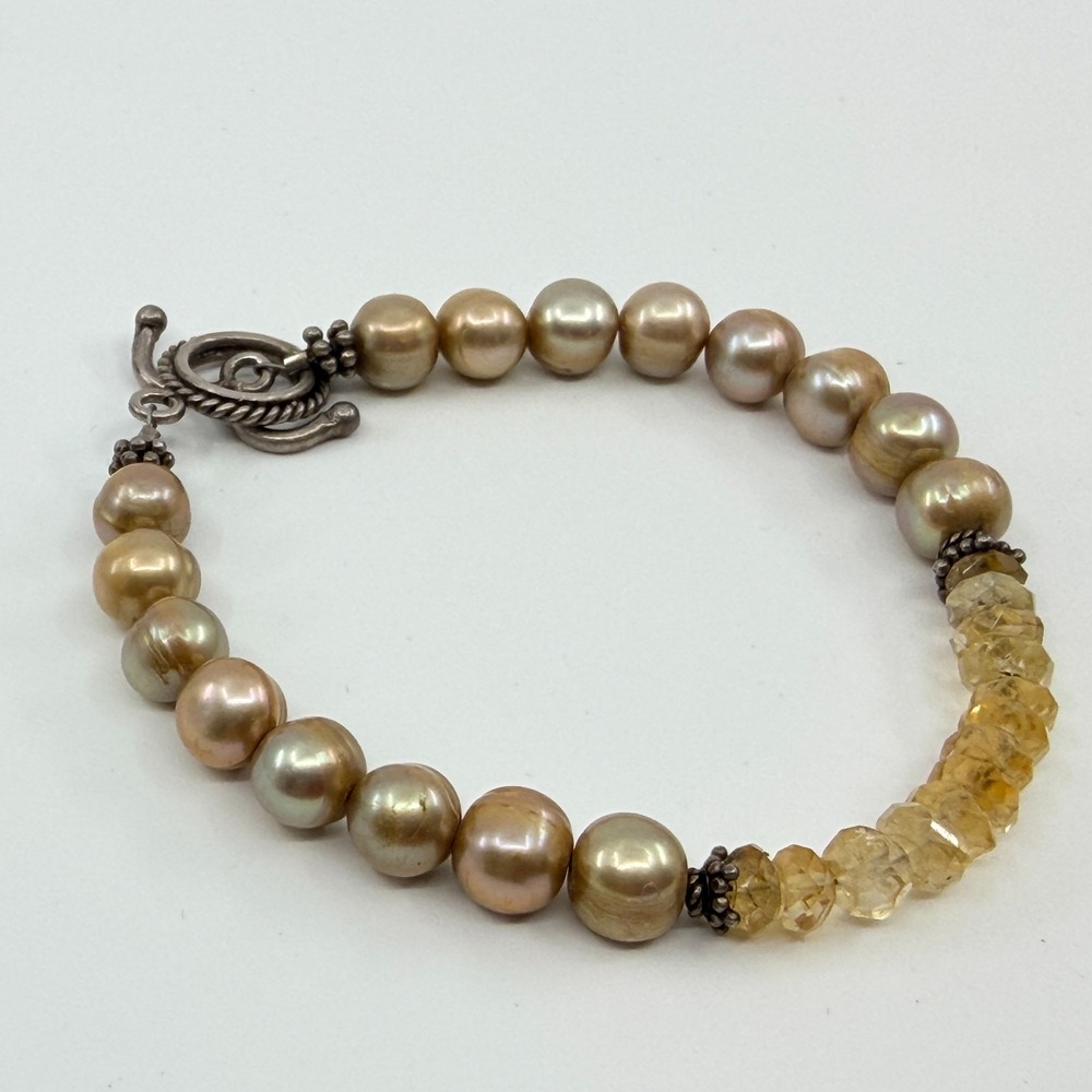 Y2K Vintage Champagne Faux Pearl Citrine Beaded Bracelet Silver Toggle